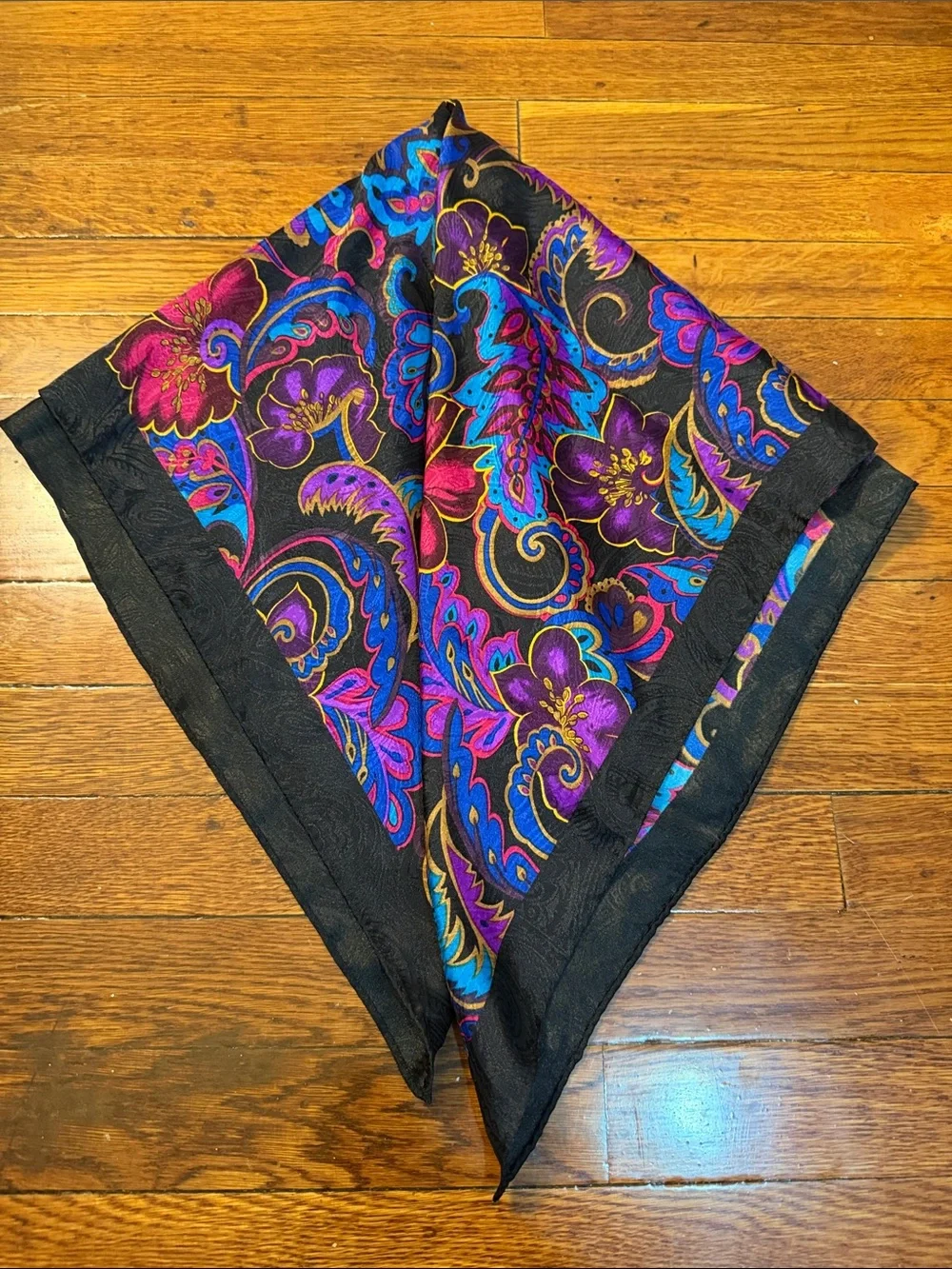 Vintage Black Scarf with Pink Purple Blue Floral Paisley